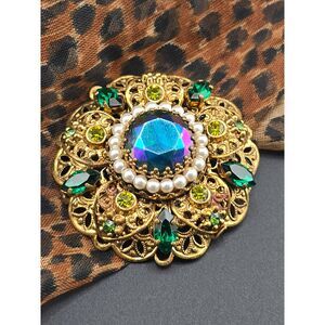 Vintage Germany Made Filigree Brooch Pin Aurora Borealis Rhinestones MCM Ornate